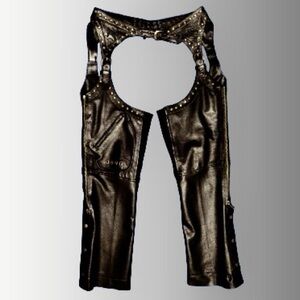 Fieldsheer Sz M Women W32-40” Studded Black Leather Chaps Mesh Lined ~28” Inseam
